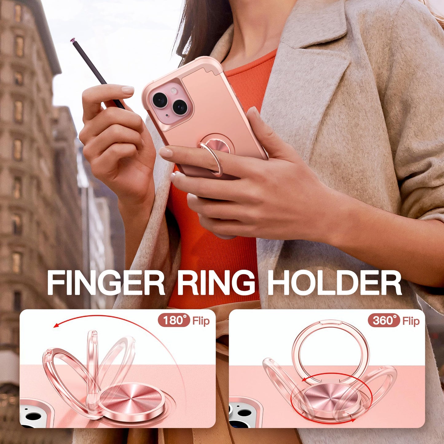 iPhone 14 Case with Screen Protector + 360°Ring Holder Stand + Camera Lens P