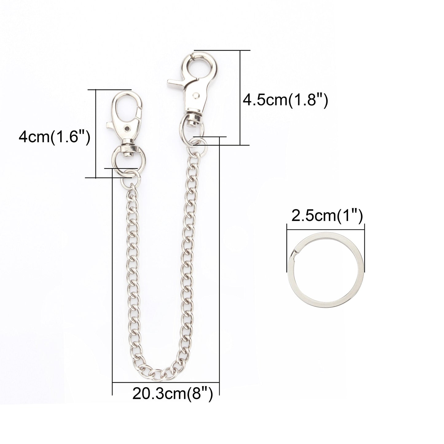 Chain 2 Pack 8" — Heavy Duty Pocket Keychain Lobster Clasp & Key Rings for Jeans