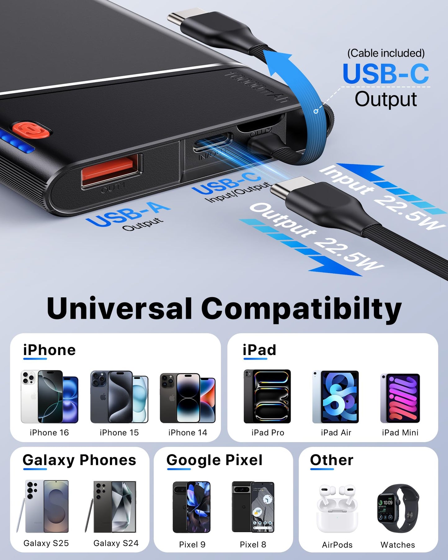 Power Bank 10000mAh 22.5W PD Fast Charging - Portable Powerbank with Built-In USB Cable