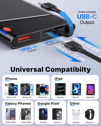 Power Bank 10000mAh 22.5W PD Fast Charging - Portable Powerbank with Built-In USB Cable