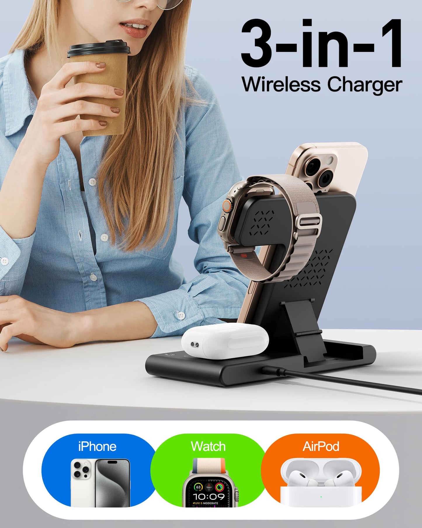 Portable 3-in-1 Wireless Fast Charger - Travel Charging Station for Apple and Android