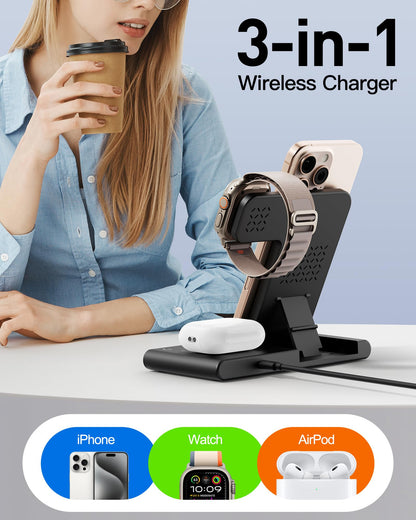 Portable 3-in-1 Wireless Fast Charger - Travel Charging Station for Apple and Android