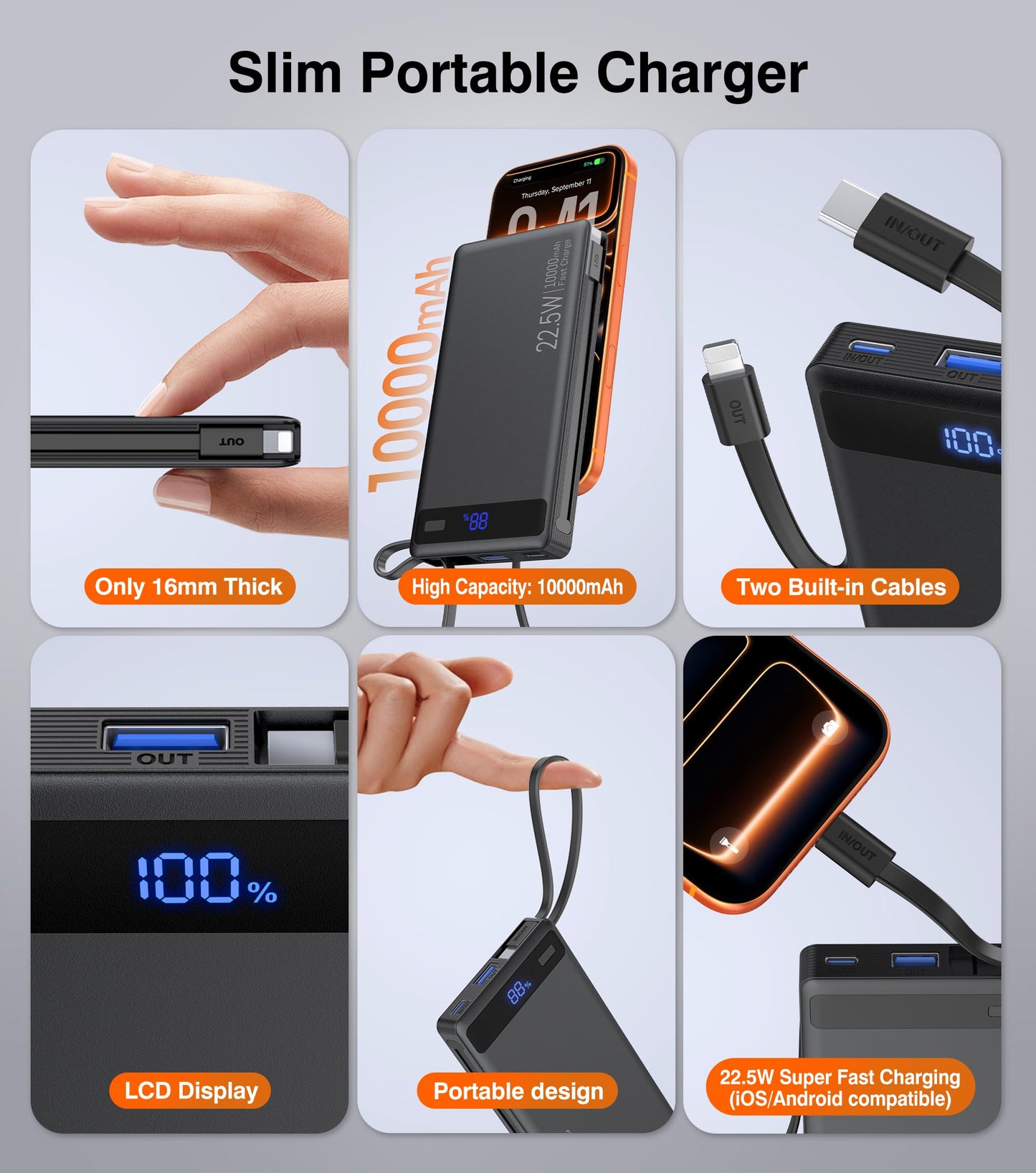 Slim Power Bank with Built-In Cables - 22.5W PD Fast Charger 10000mAh for iPhone and Samsung