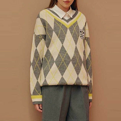 New Product Wholesale Diamond Sweater Women's V-neck Pullover