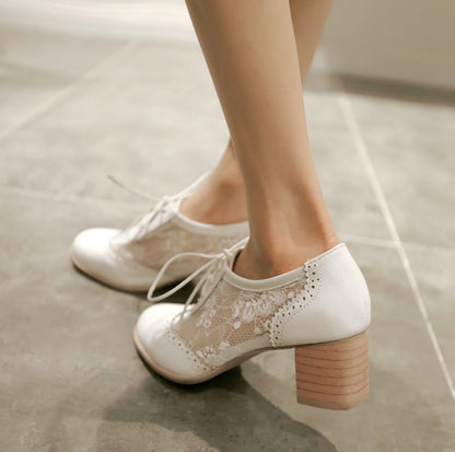 Zapatos de encaje de cabeza gruesa y redonda, zapatos de cuatro estaciones, zapatos de mujer de talla grande, zapatos de mujer