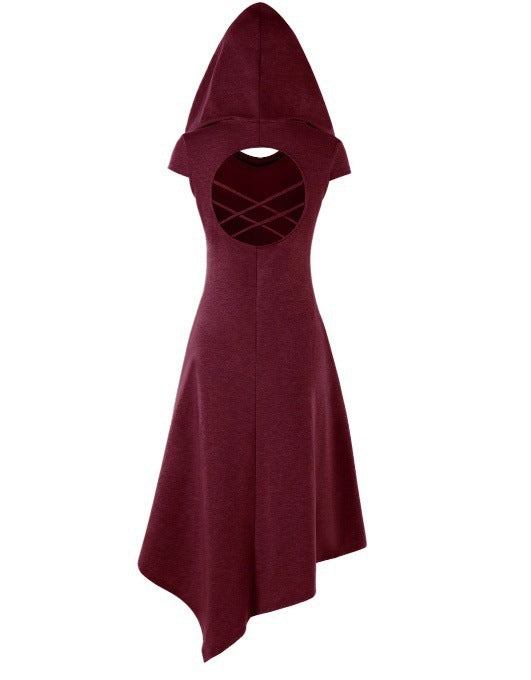 Robe Midi Asymétrique à Capuche, Découpée au Dos et Sous les Jambes