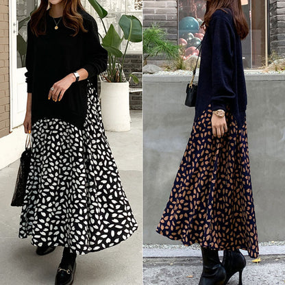 Robe longue grande taille à manches longues avec imprimé patchwork et grand ourlet.
