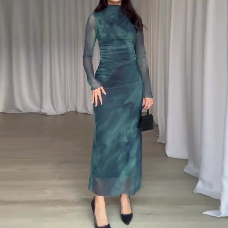 Robe longue moulante pour femme à manches longues tie-dye