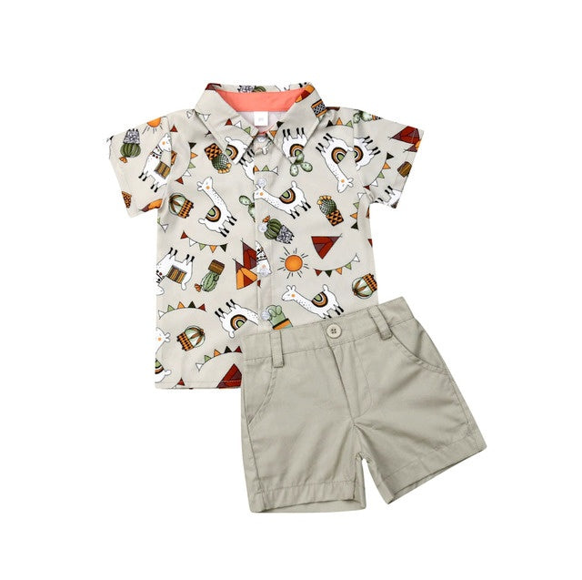 Ensemble chemise imprimée de dessin animé et short de couleur unie pour garçons et filles d'été