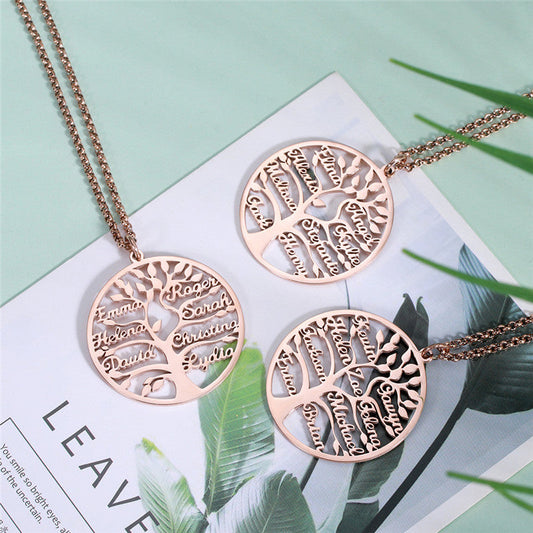 Collar familiar de árbol de vida en oro rosa, de acero inoxidable y personalizado