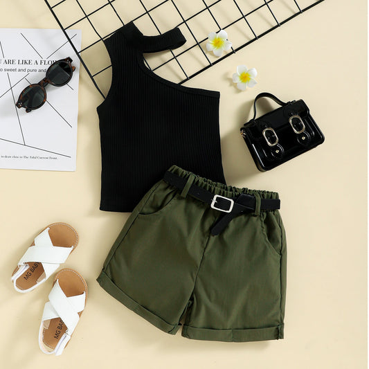 Traje de shorts y top halter con rayas hundidas Summer Girl Ins