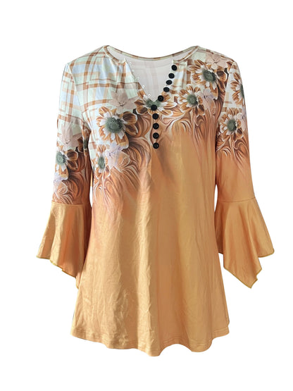 Spring And Autumn New Printed Spike Button Irregular Three-quarter Sleeve T-shirt Casual Top Yellow