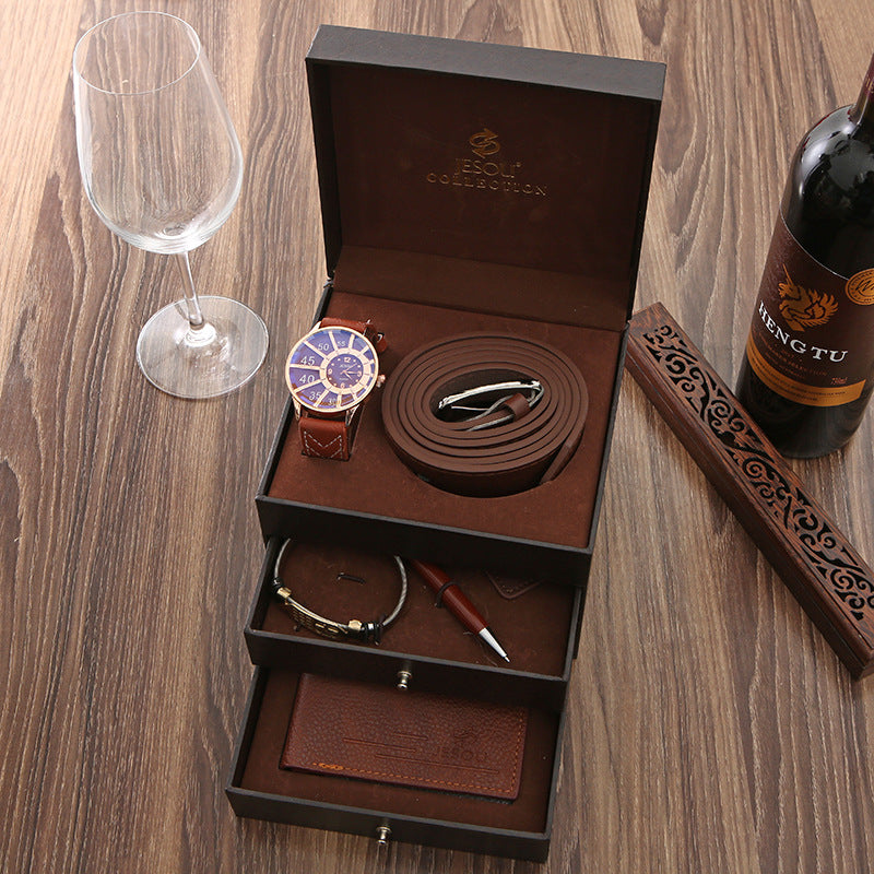 Coffret Cadeau Affaires Montre Ceinture Portefeuille Bracelet en Cuir Haut de Gamme Homme Boîte Cadeau Créative d'Anniversaire