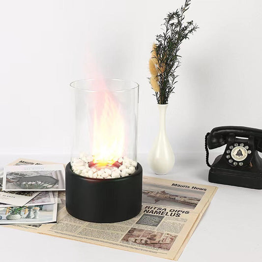 Cheminée d'ambiance de table à l'éthanol, lampe d'ambiance ronde en verre pour intérieur, en acier inoxydable