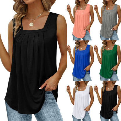 Women’s Pleated Square Neck Sleeveless Tank Top – Loose Fit | S–5XL