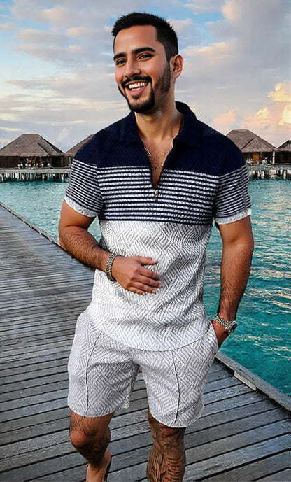 Conjunto de camisa de manga corta con cremallera y solapa, con estampado geométrico 3D, para hombre, estilo veraniego