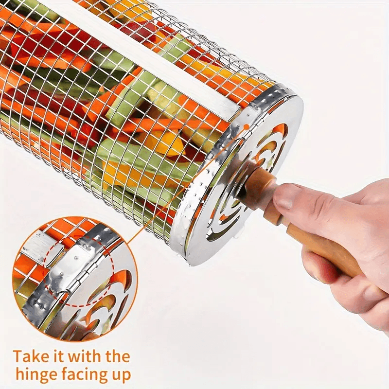 Stainless Steel BBQ Grill Basket with Wood Handle – Non-Stick Rolling Grilling Cage for Vegetables & Meat – Outdoor Camping & BBQ Accessories