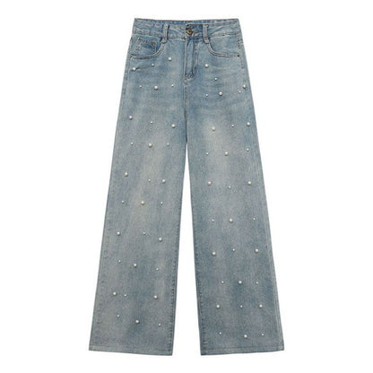 Pearl Straight Jeans High Waist Slim-fit Wide-leg Pants Women