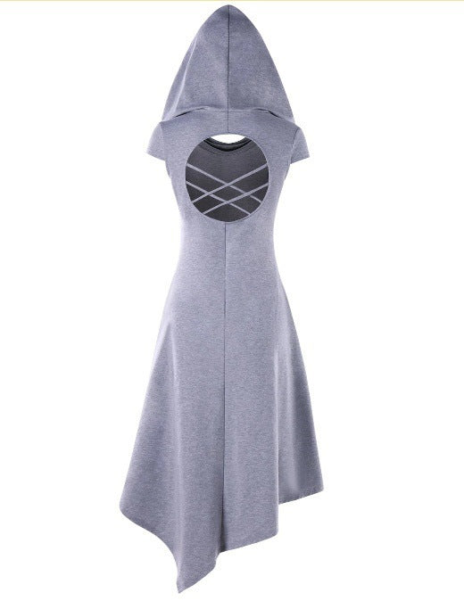 Robe Midi Asymétrique à Capuche, Découpée au Dos et Sous les Jambes