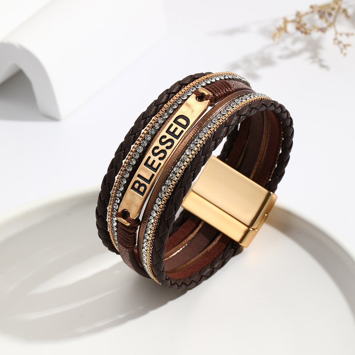 Bracelet en cuir synthétique de style ethnique avec plaque en alliage