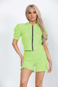 Front Pocket Zip Up Suit Ribbed Hooded Lounge Wear Short Set