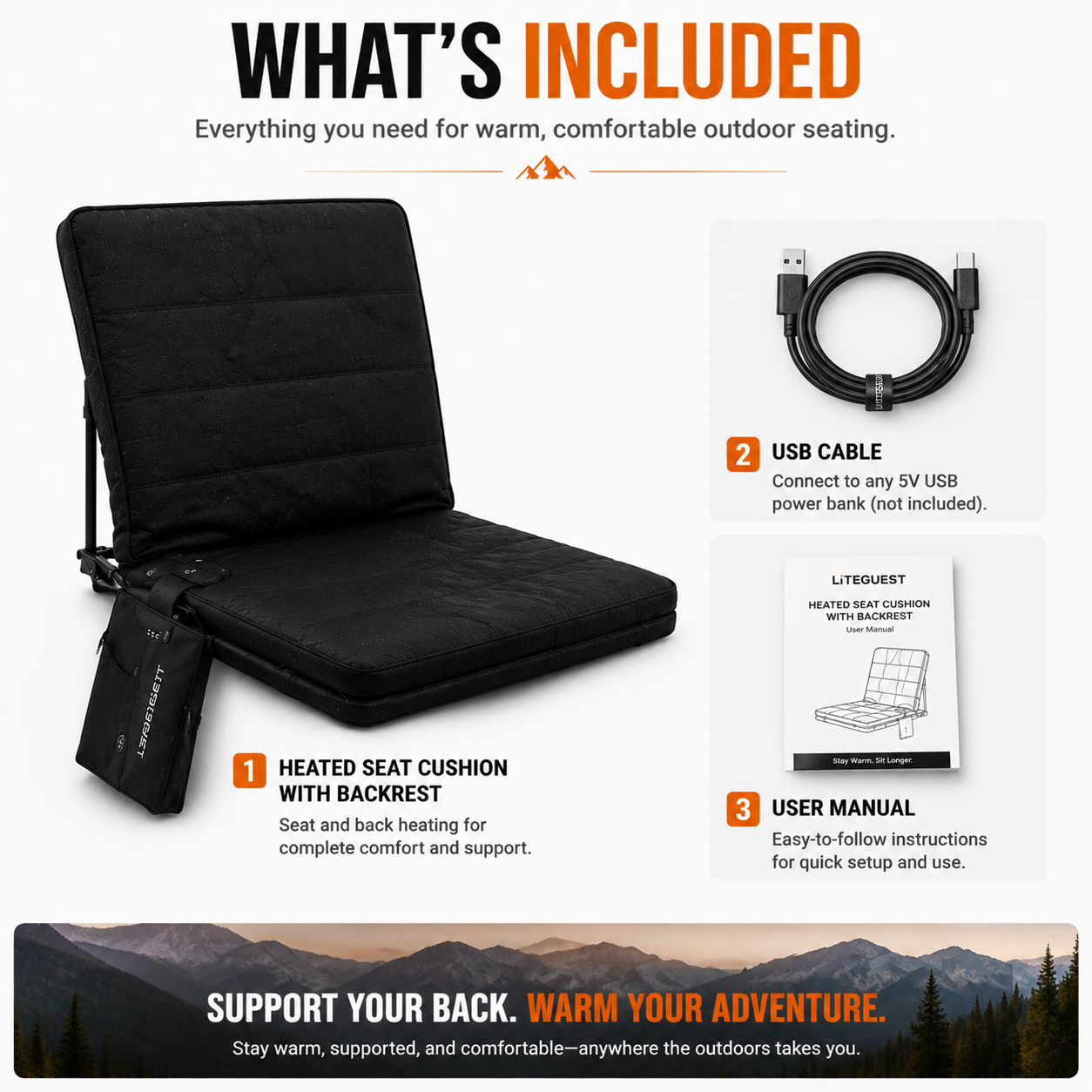 LITEGUEST Heated Outdoor Seat Cushion with Backrest – Warm for Camping