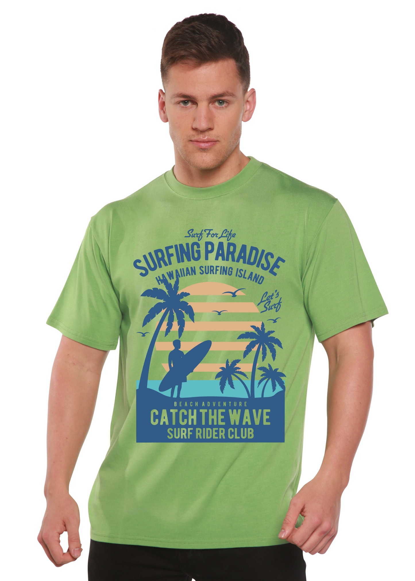 T-shirt graphique à manches courtes en viscose de bambou et coton biologique Spun Bamboo® "Surfing Paradis" pour homme