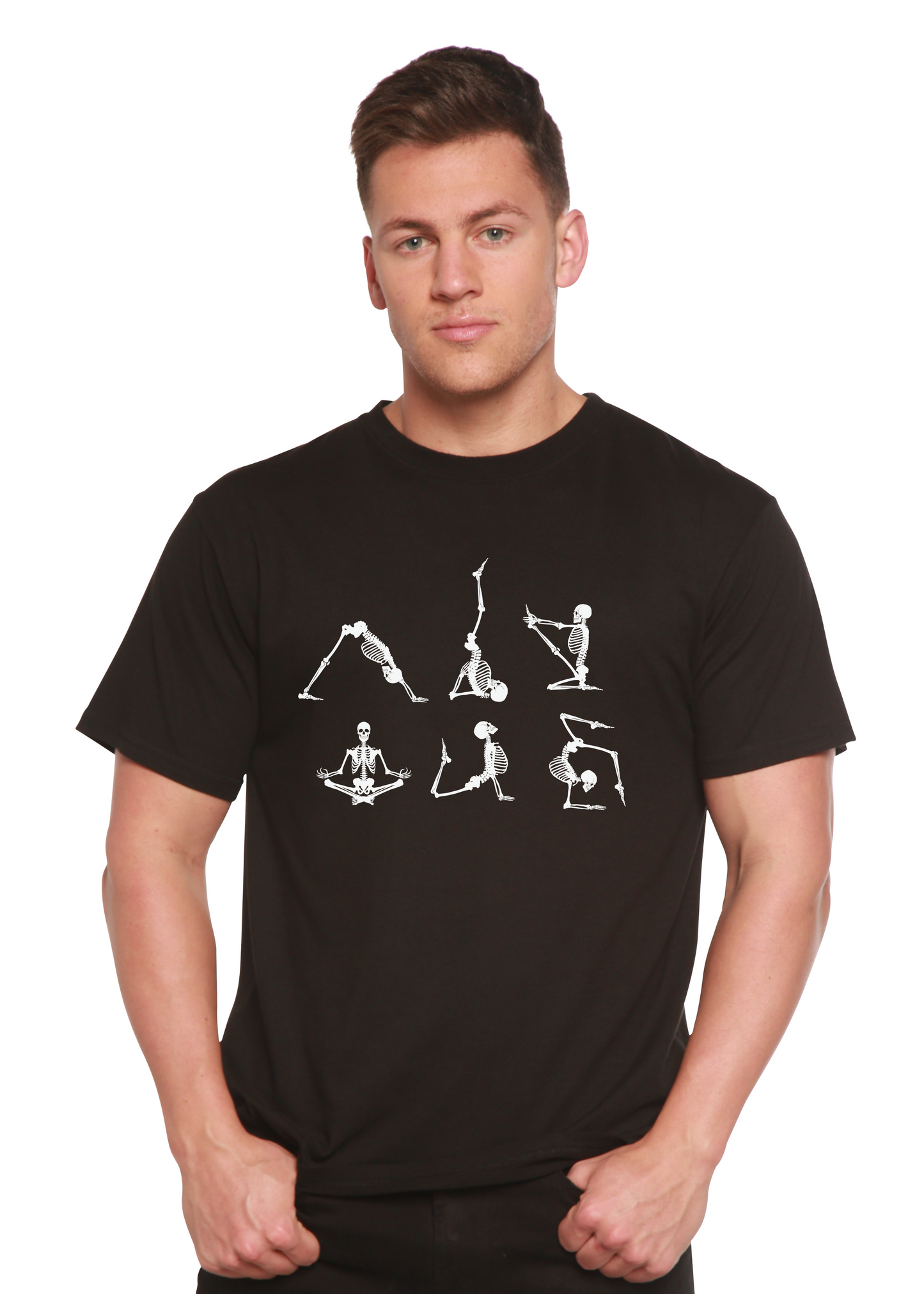 T-shirt graphique à manches courtes pour homme en bambou, viscose et coton biologique avec squelette d'Halloween Namaste