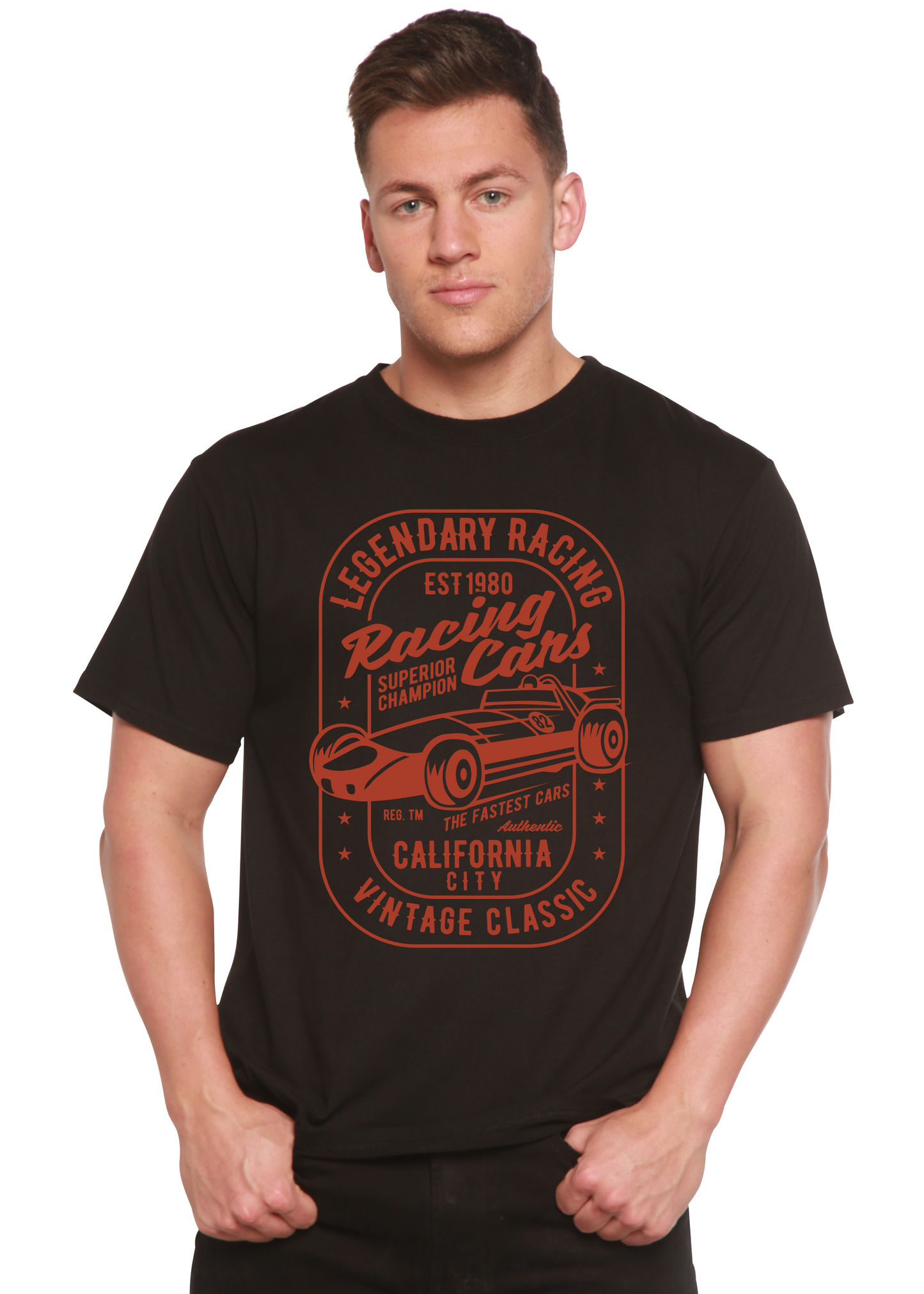 T-shirt à manches courtes en bambou-viscose et coton biologique pour homme avec motif « Voitures de course légendaires »