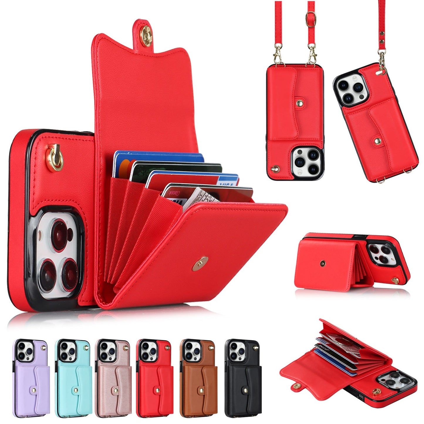 Crossbody Lanyard Card Holder iPhone Case – Lambskin Wallet Cover with Bracket | iPhone 7–15