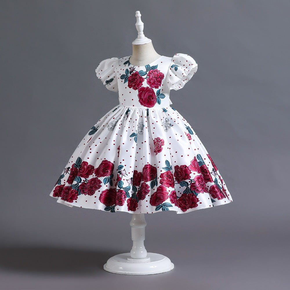 Robe de princesse en satin à manches bouffantes et fleurs pour enfants, style européen et américain