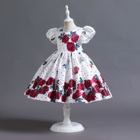 Robe de princesse en satin à manches bouffantes et fleurs pour enfants, style européen et américain