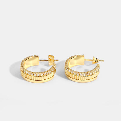 New Ace Luxe 14K Gold Zircon Gear Hoop Earrings | Stylish Ribbed Gold Huggies with Cubic Zirconia Accents