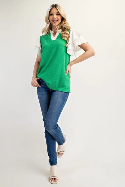 Celeste Full Size Solid Color Top with Ruffle Layered Sleeves Plus Size