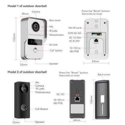 Vidéophone 1V2, surveillance en temps réel, sonnette sans fil, système d'interphone intelligent