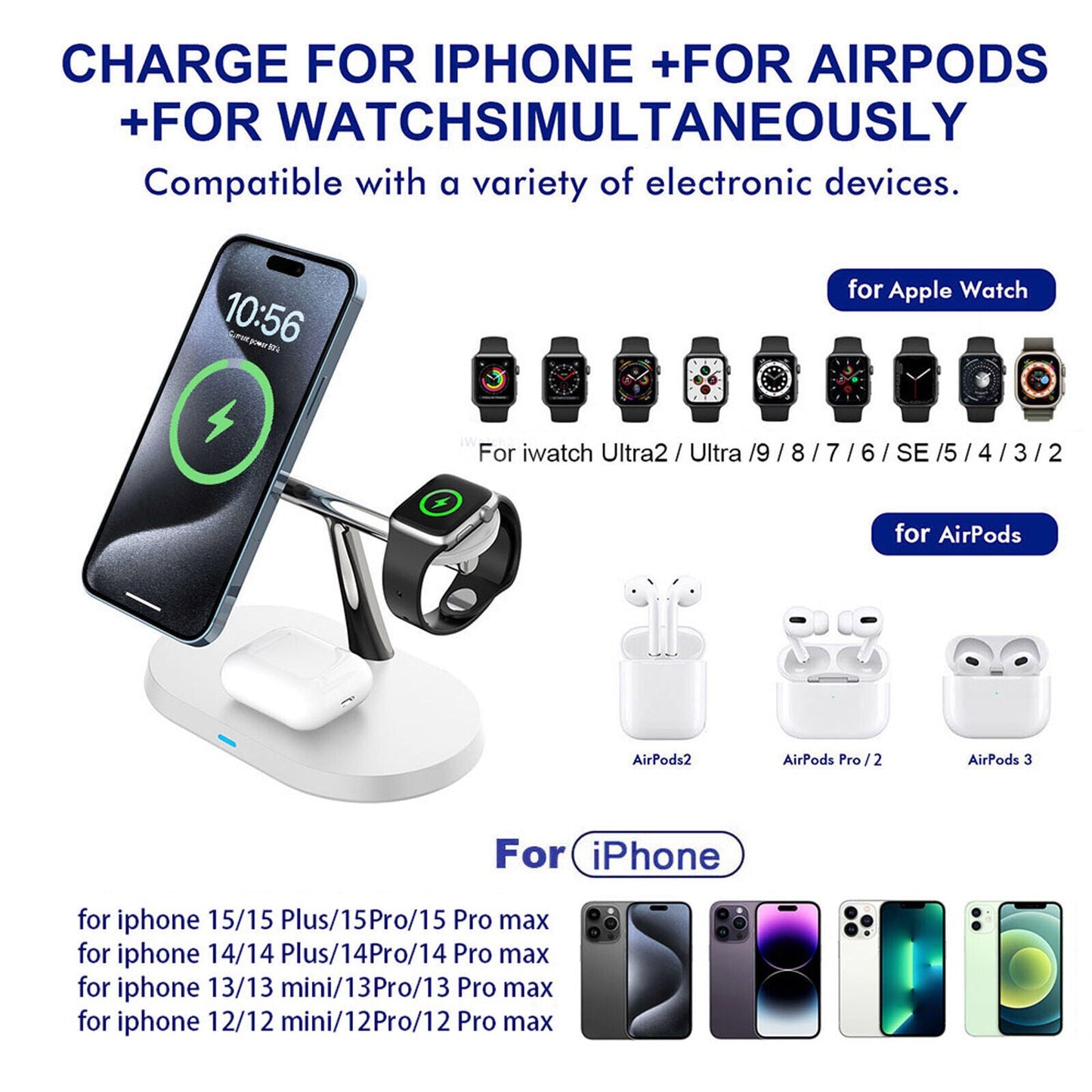 3-in-1 Magnetic Wireless Charger Stand for iPhone, Apple Watch & AirPods – 15W Fast Charging