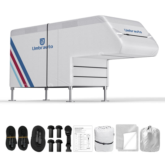 Umbrauto Slide-In Truck Camper Cover — 300D Oxford Waterproof RV Cover, Silver-Coated All-Weather Protection with Windproof Straps & Air Vents