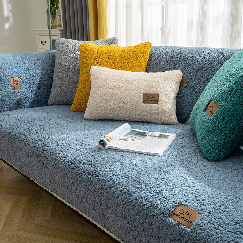 Toalla de sofá de lana de cordero de color liso moderno para invierno, fundas de sofá suaves y lisas de felpa gruesa para sala de estar, cubierta antideslizante para sofá