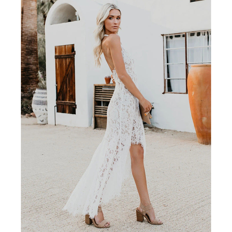 Elegante vestido calado de encaje sólido con espalda descubierta