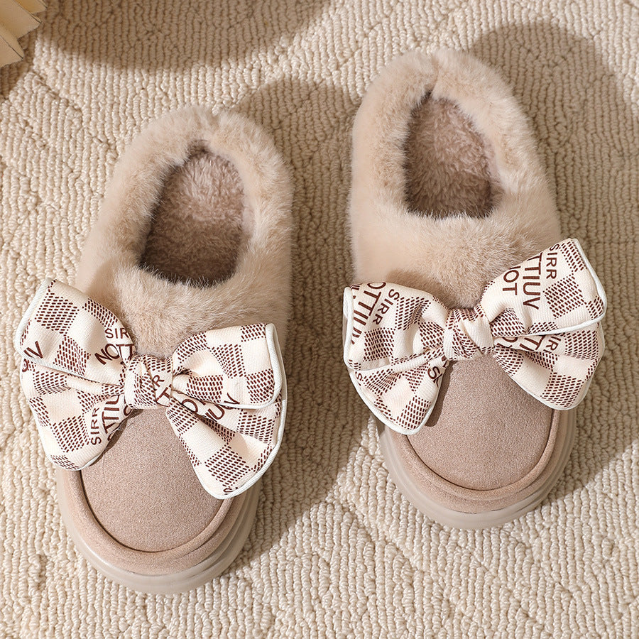 Lindas zapatillas de felpa con nudo de lazo para invierno, cálidas, para interiores, dormitorio, para mujer, a la moda, de suela gruesa, para casa