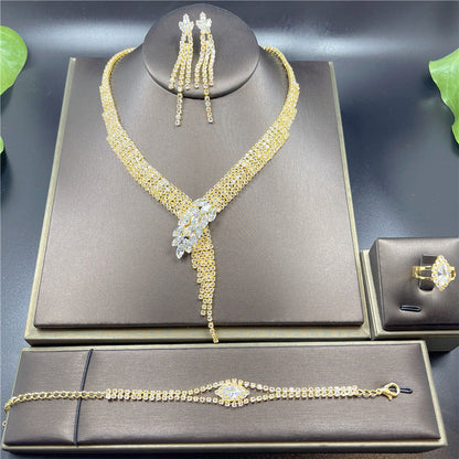 Fashion Luxury Rhinestone Earrings Necklace Ring Bracelet Four Piece Chain
