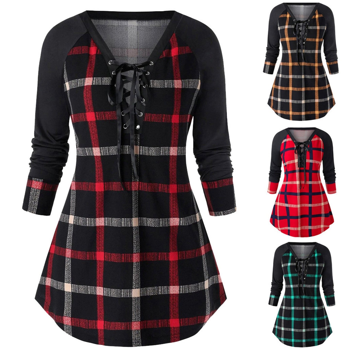 Nouvelle Robe Longue à Carreaux Imprimée Manches Longues Grande Taille Rouge Vin Mignonne Printemps et Automne pour Jeune Adulte