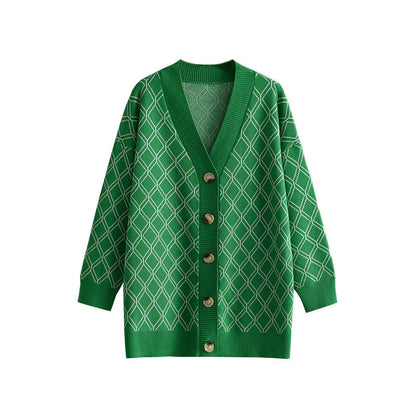 V-neck Cardigan Sweater Casual Loose Diamond Plaid Sweater Coat