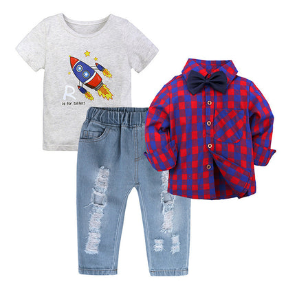 Ensemble trois pièces chemise à carreaux manches longues et pantalon en jean pour garçon