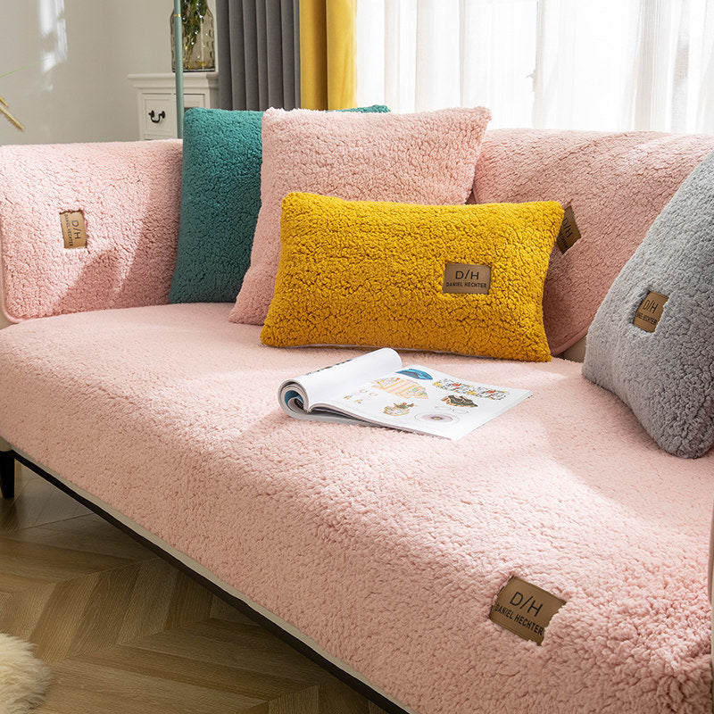 Toalla de sofá de lana de cordero de color liso moderno para invierno, fundas de sofá suaves y lisas de felpa gruesa para sala de estar, cubierta antideslizante para sofá