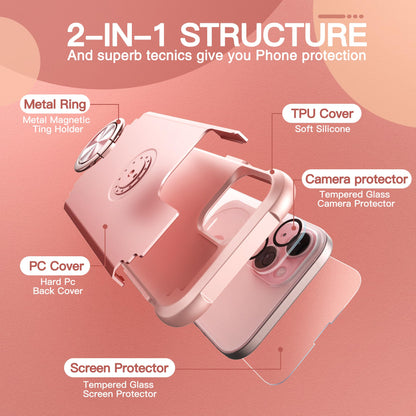 iPhone 14 Case with Screen Protector + 360°Ring Holder Stand + Camera Lens P