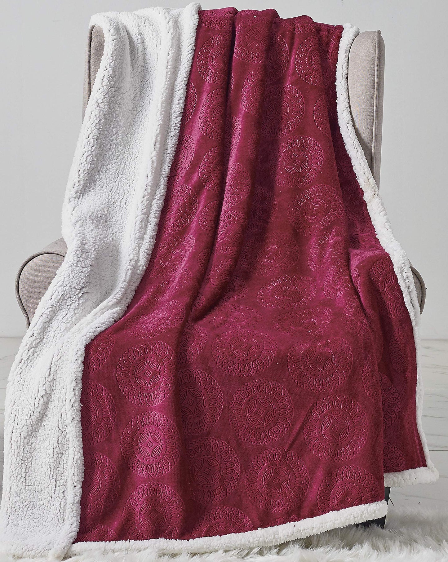 Decor&More Bon Iver Collection Extra Soft Mandala Embossed Microplush Throw Blanket with Sherpa Backing (50" x 60")