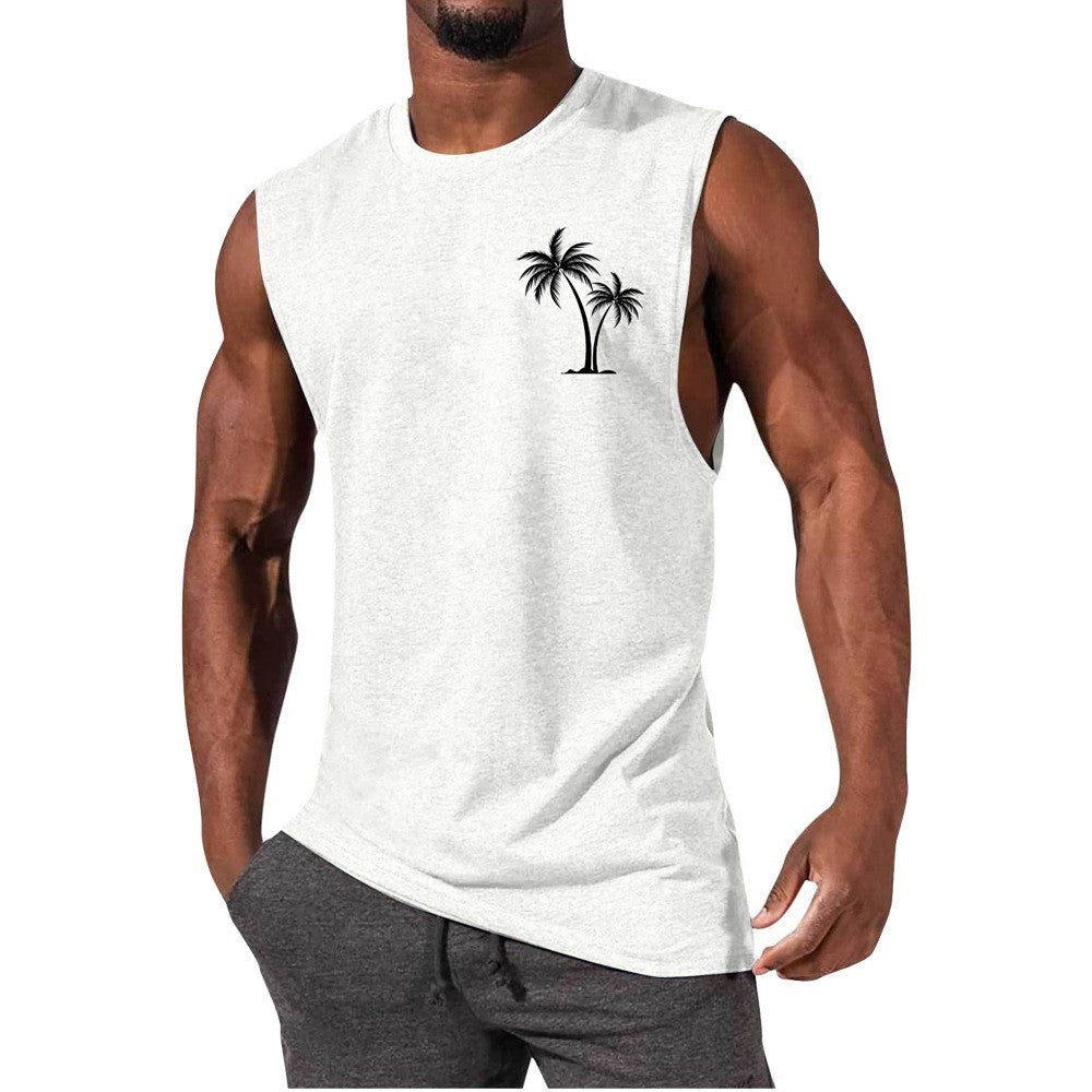 Coconut Tree Embroidery Men’s Muscle Tank – Beach Fitness Vest | S–L