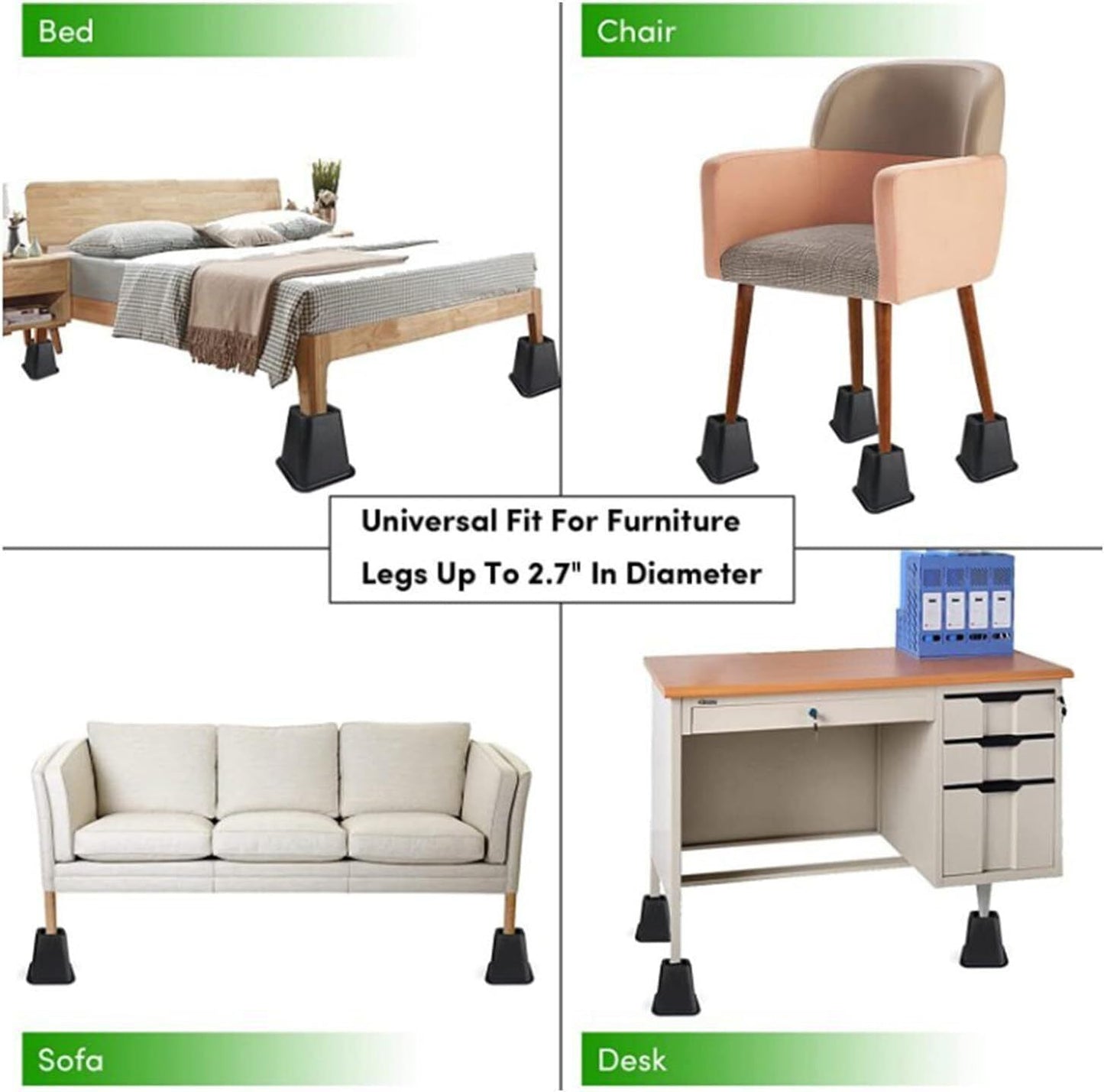 4 pieds rehausseurs de lit robustes, rehausseurs de meubles, supports de levage de pieds