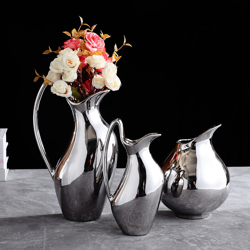 Vase en céramique argenté en forme de pot pour salon, modèle de fleur, décoration douce